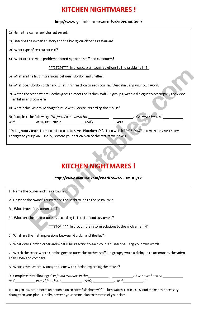 Kitchen Nightmares - A video-based worksheet for high levels