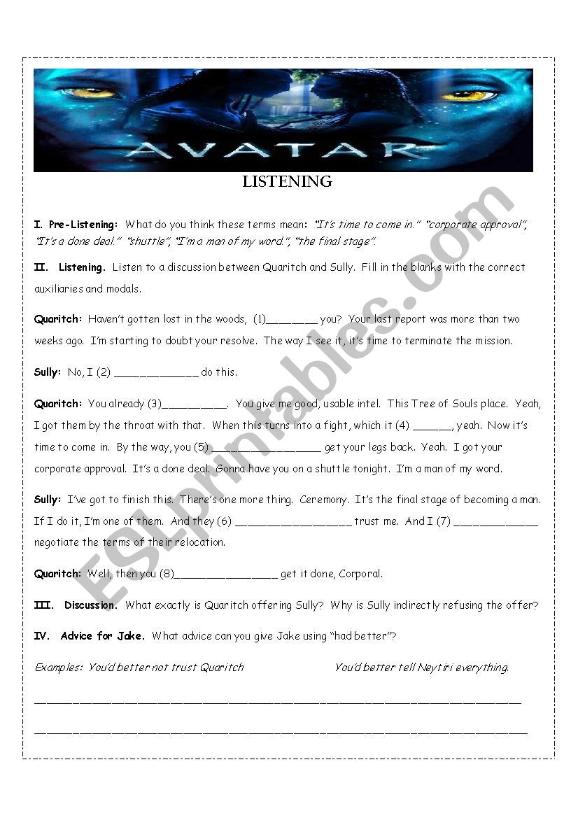 Avatar DVD Listening worksheet