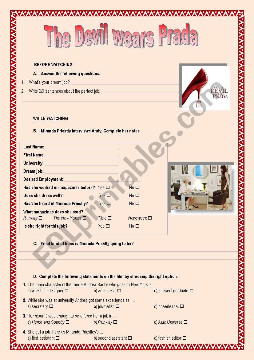 Film: The Devil wears Prada worksheet