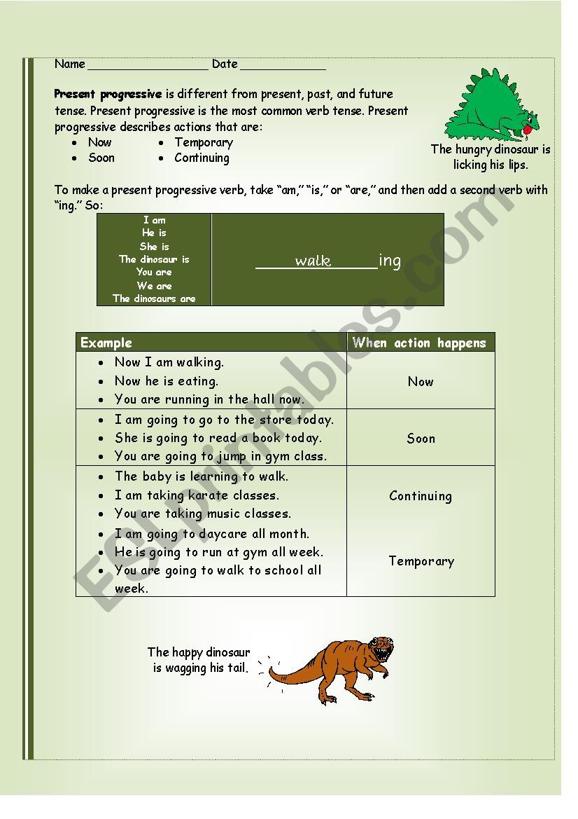 Present Progressive Dinosaurs worksheet