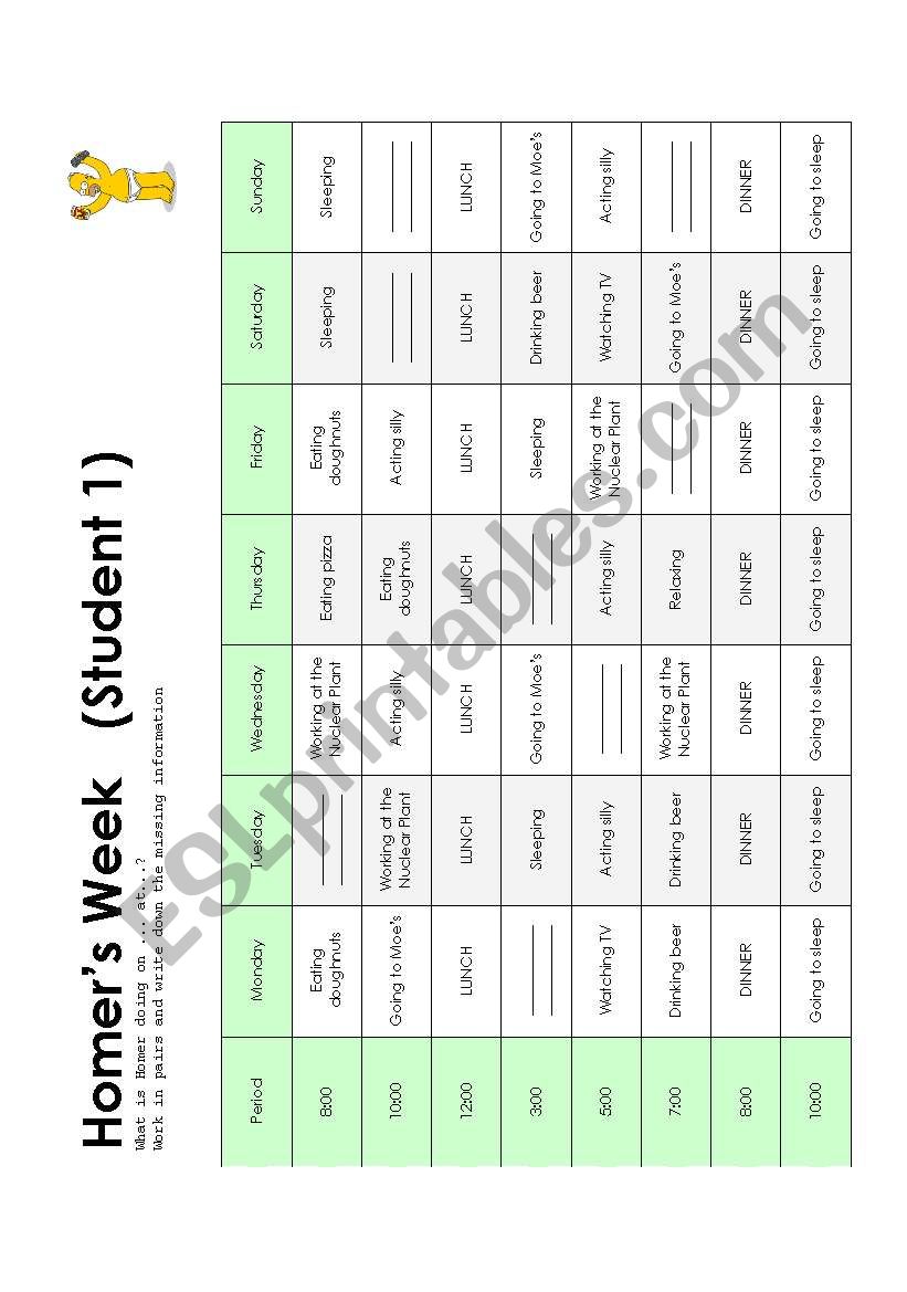 Homers Schedule worksheet