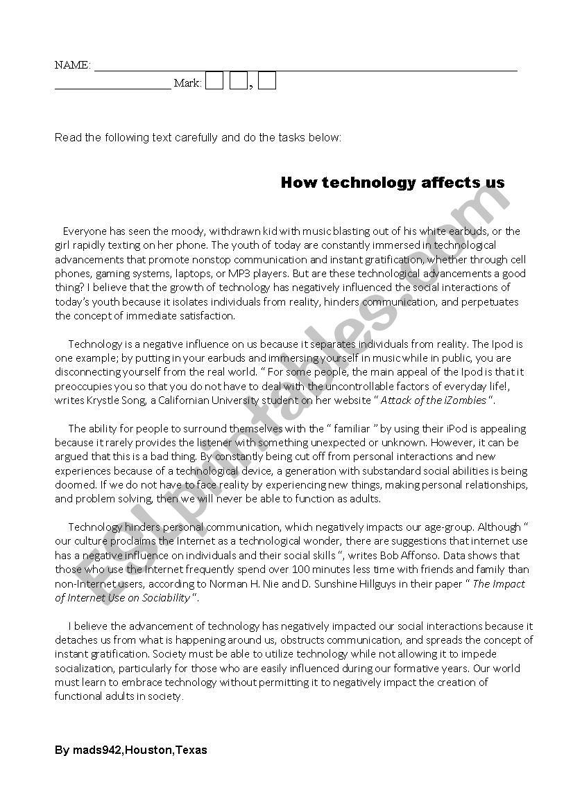 how technology affects us worksheet