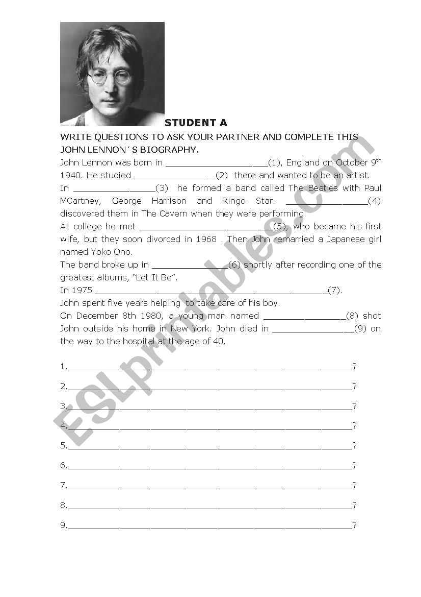 JOHN LENNONS BIOGRAPHY worksheet