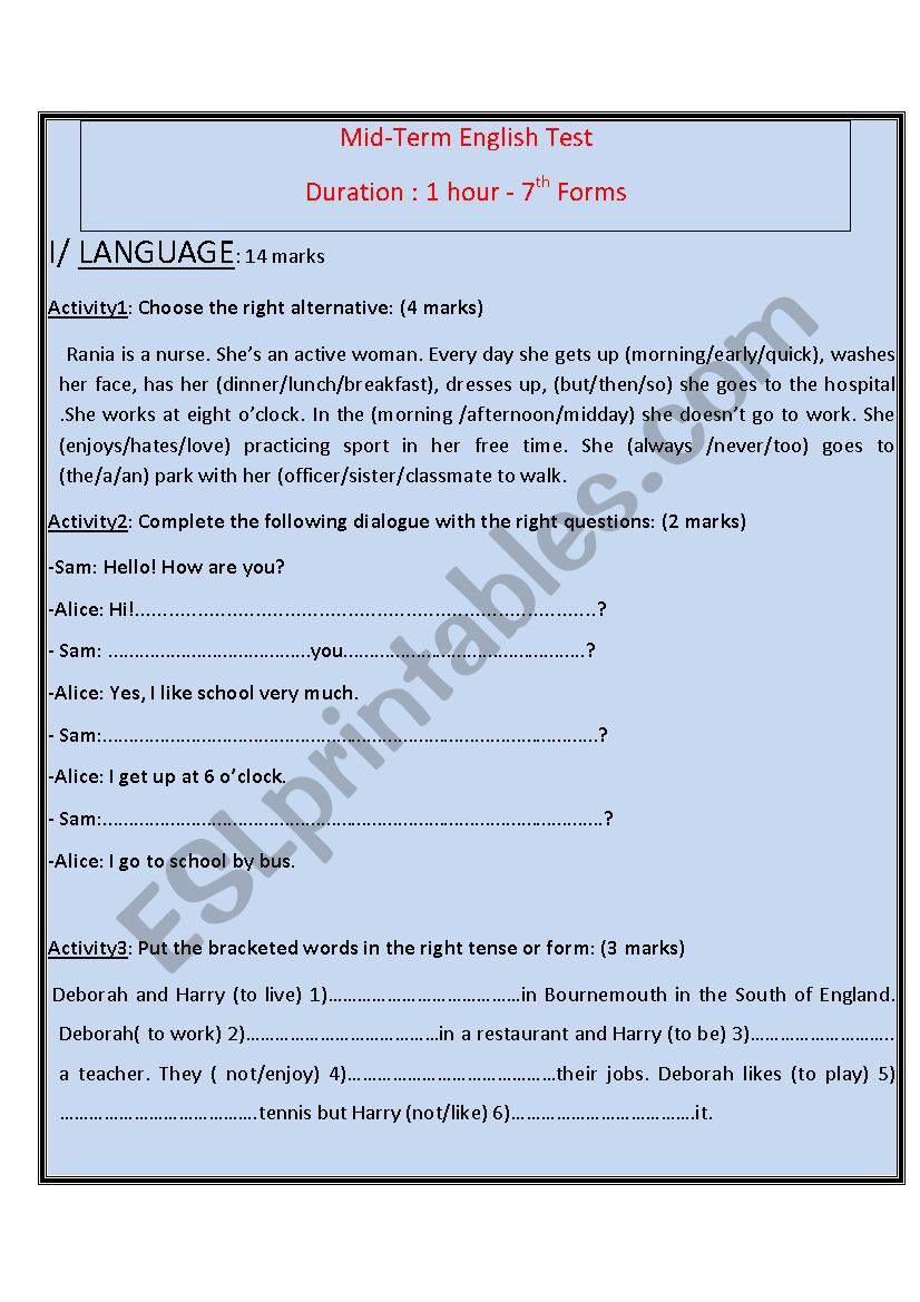 English Test for 7th forms worksheet