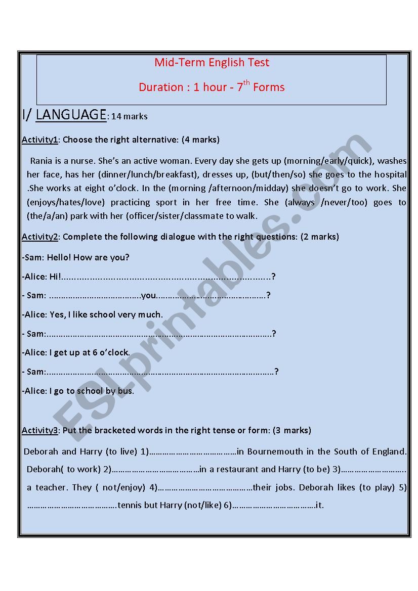 English Test for 7th forms worksheet