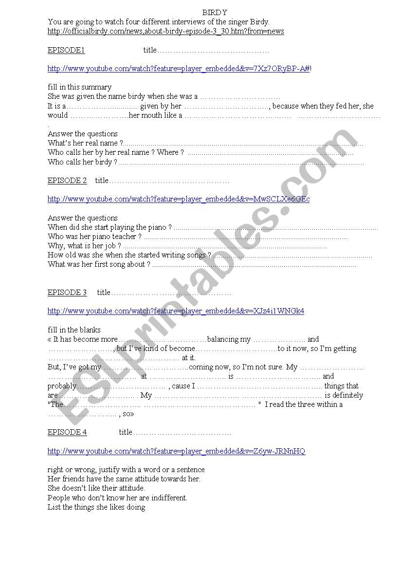 Birdys Interview worksheet