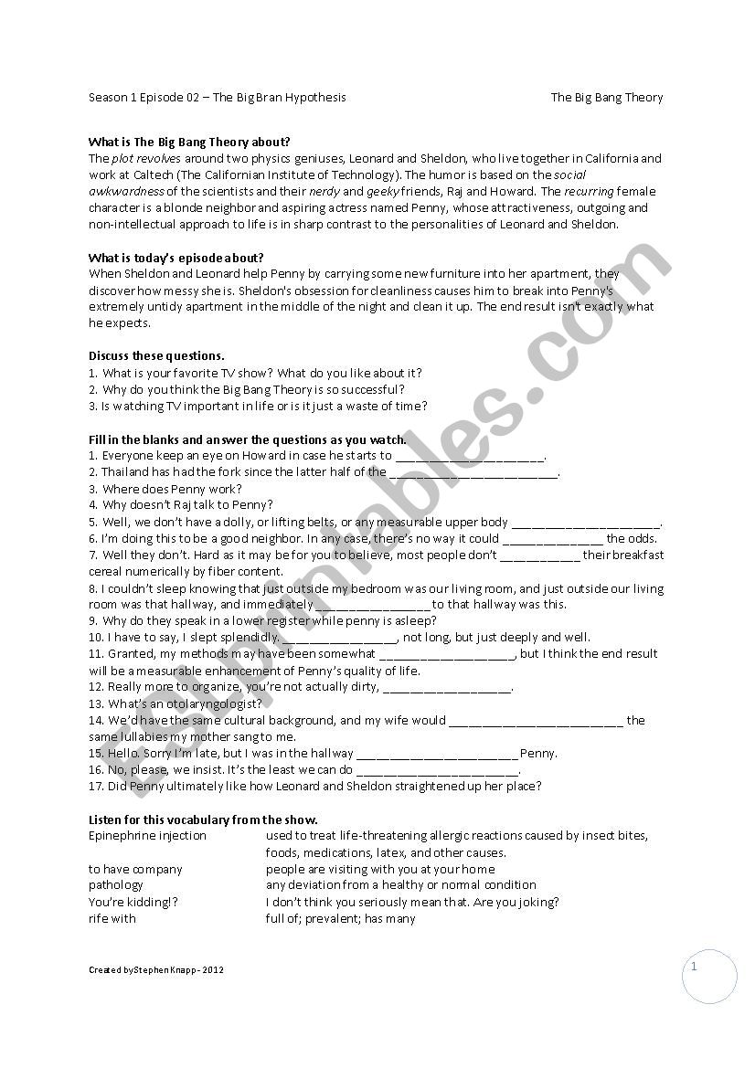 Big Bang Theory S01E02 Lesson worksheet