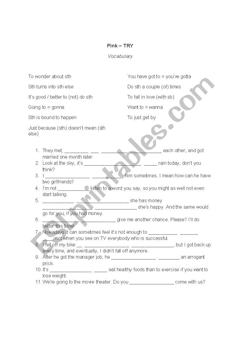 Try by Pink worksheet