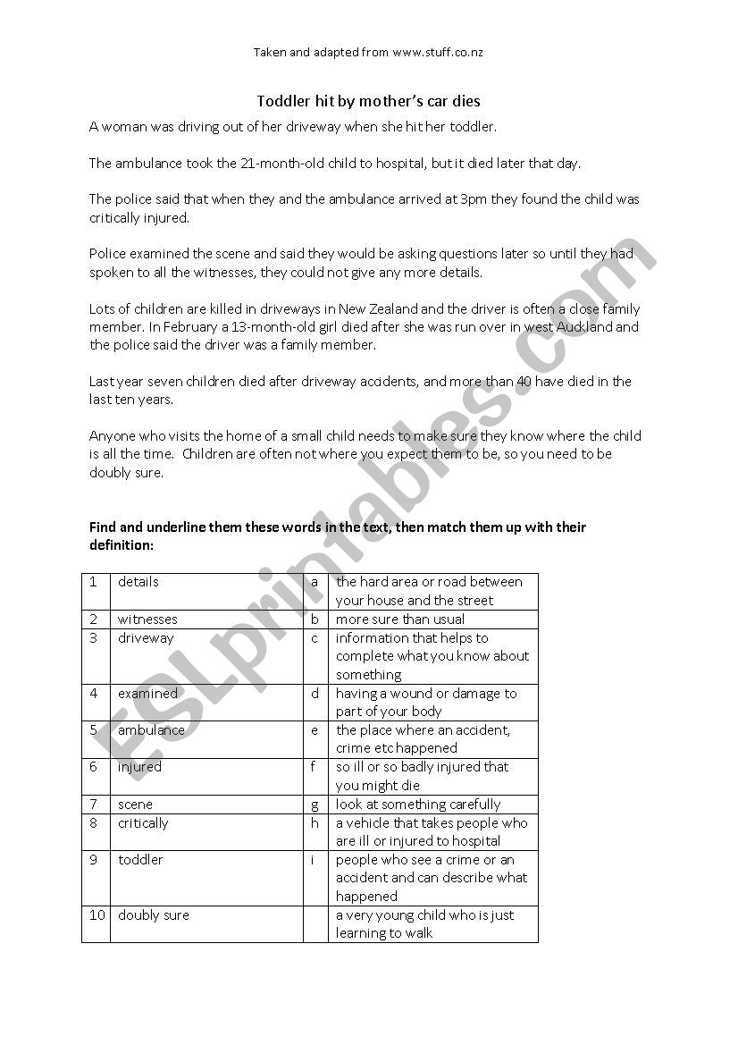 Toddler hit by mothers car worksheet