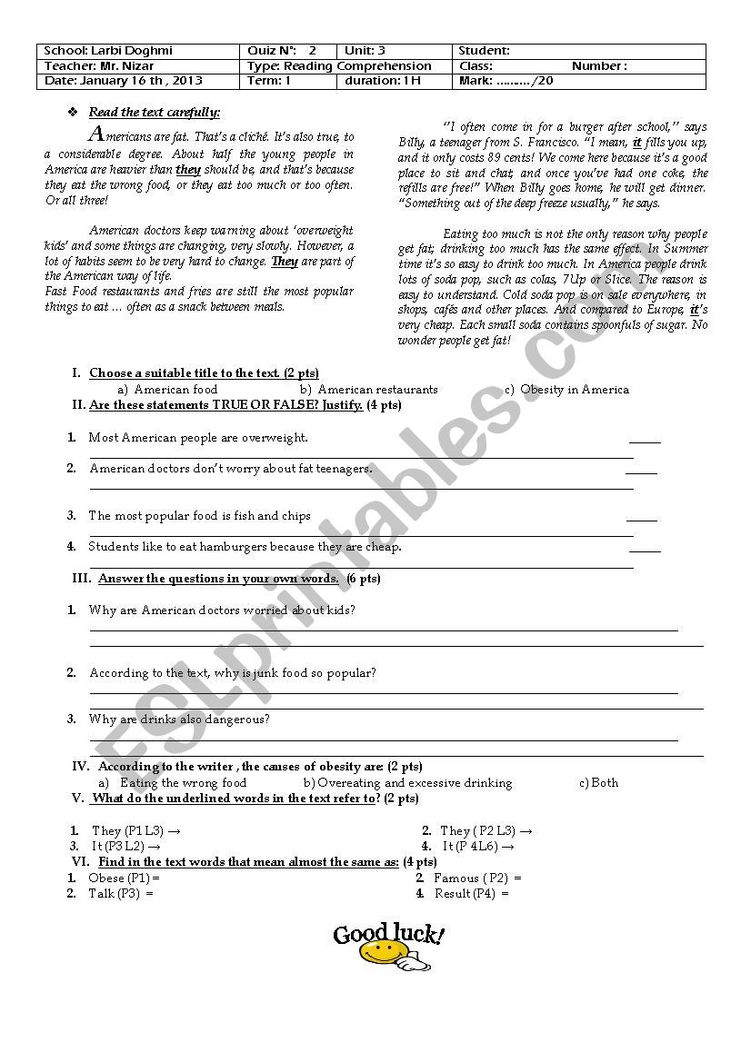 Obesity worksheet