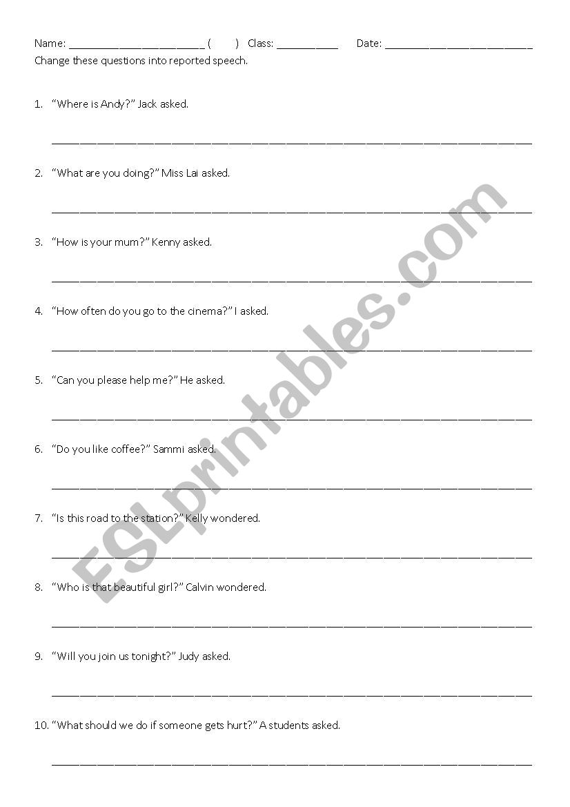 Reported speech (questions) worksheet