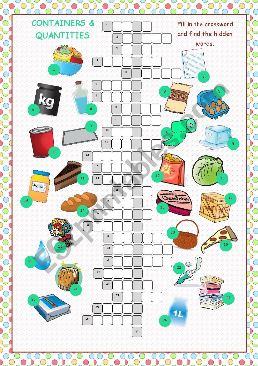 Containers and Quantities Crossword Puzzle