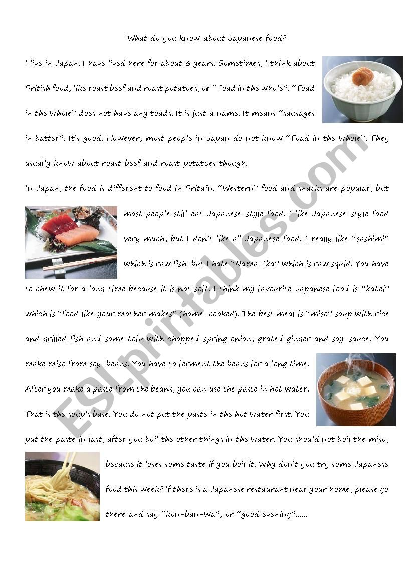 Reading comprehension - Japanese food