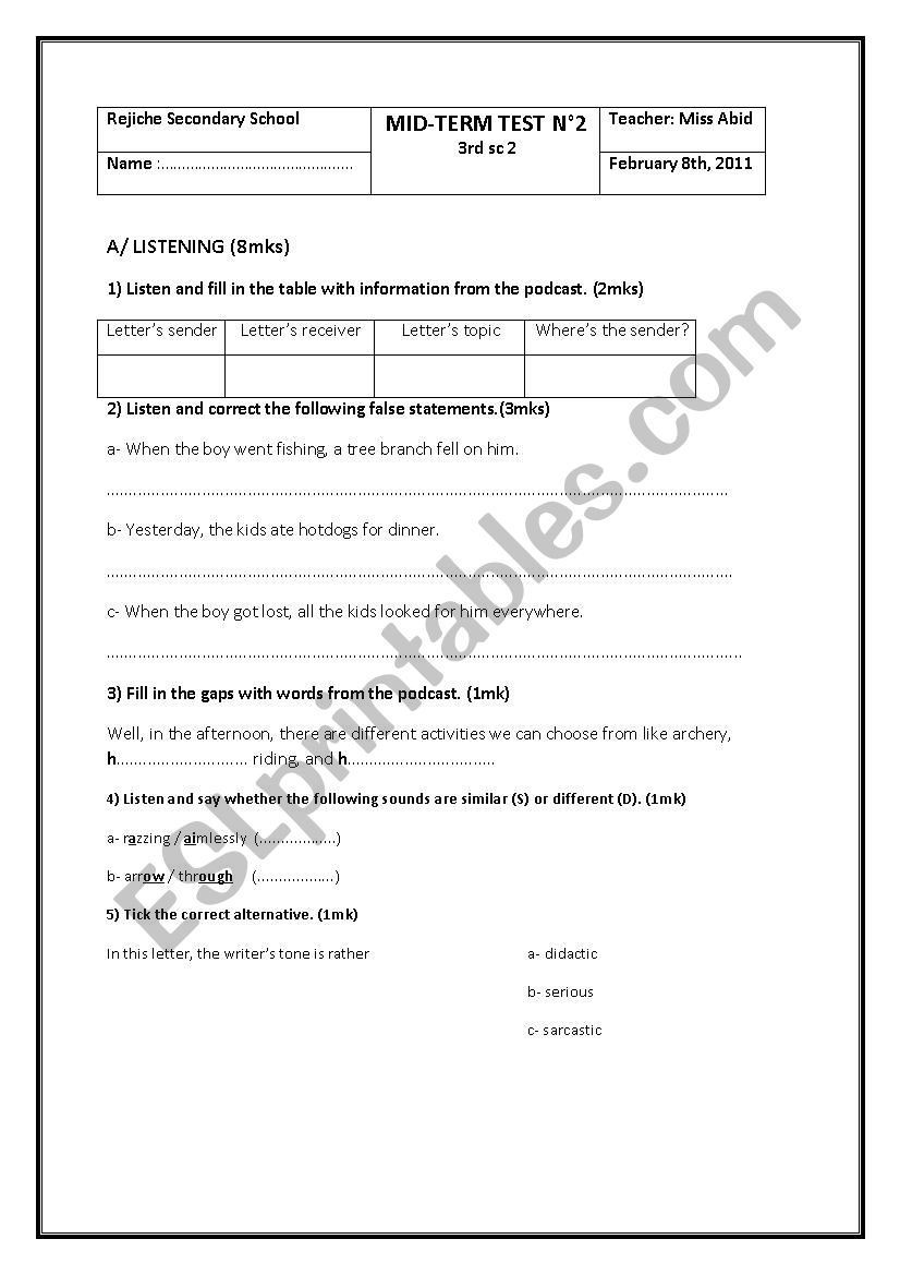 Mid-term test n 2 worksheet