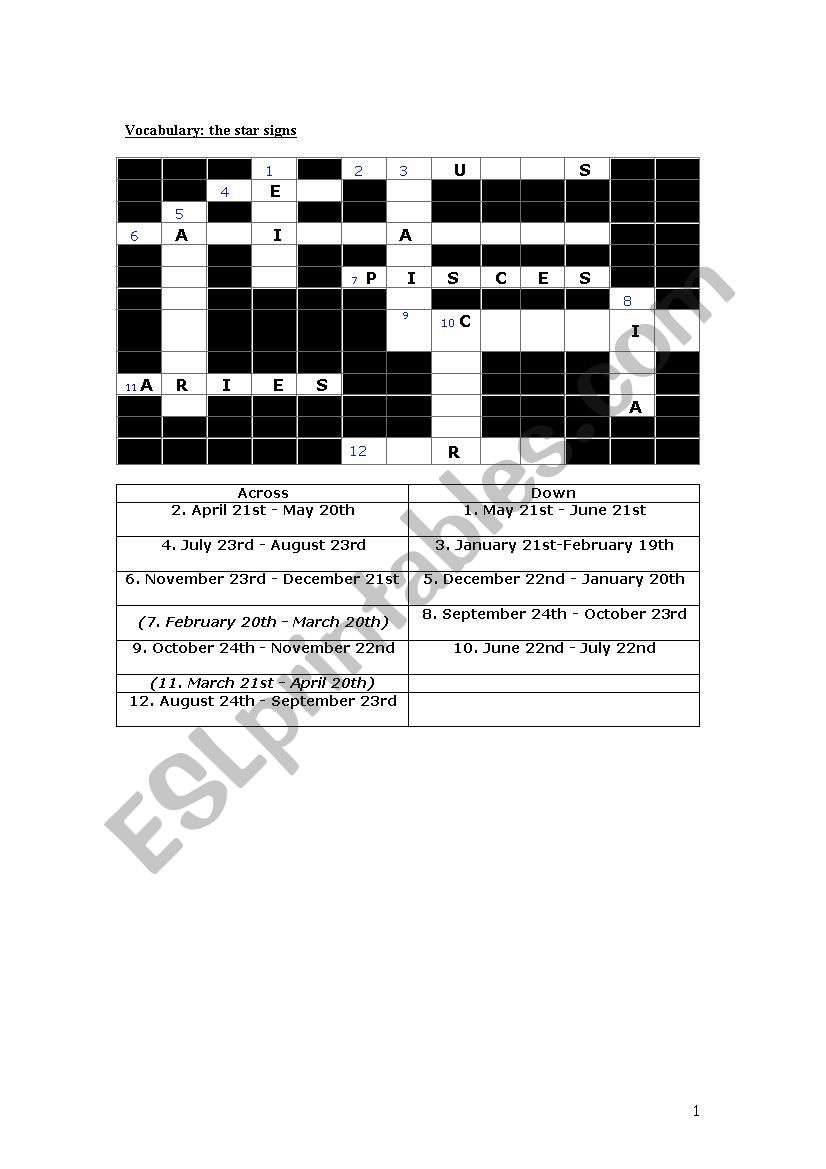 star signs crossword worksheet