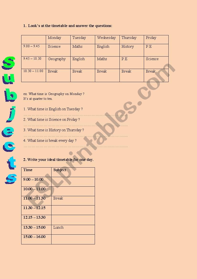 Subjects at school and time worksheet