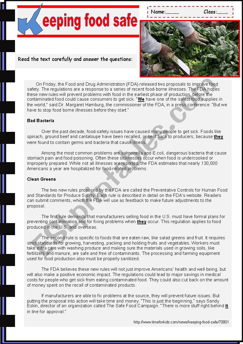 Keeping Food Safe  worksheet