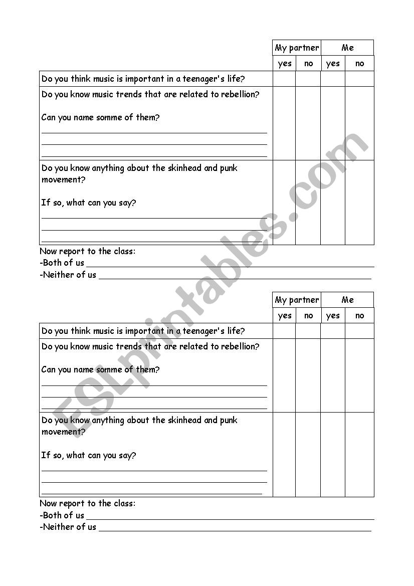 Music taste / pair work worksheet