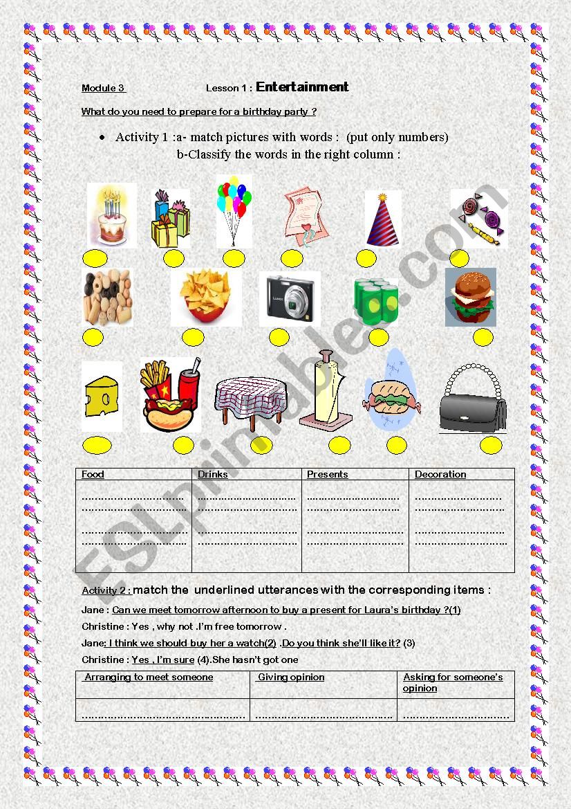 Entertainment worksheet