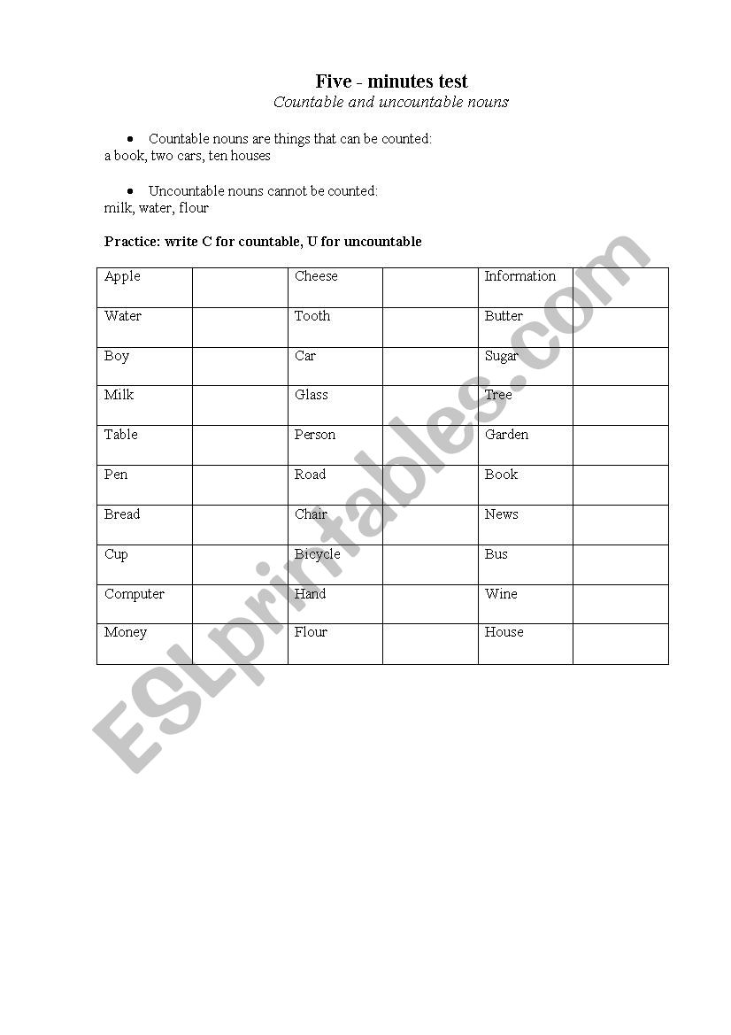 five minutes test worksheet