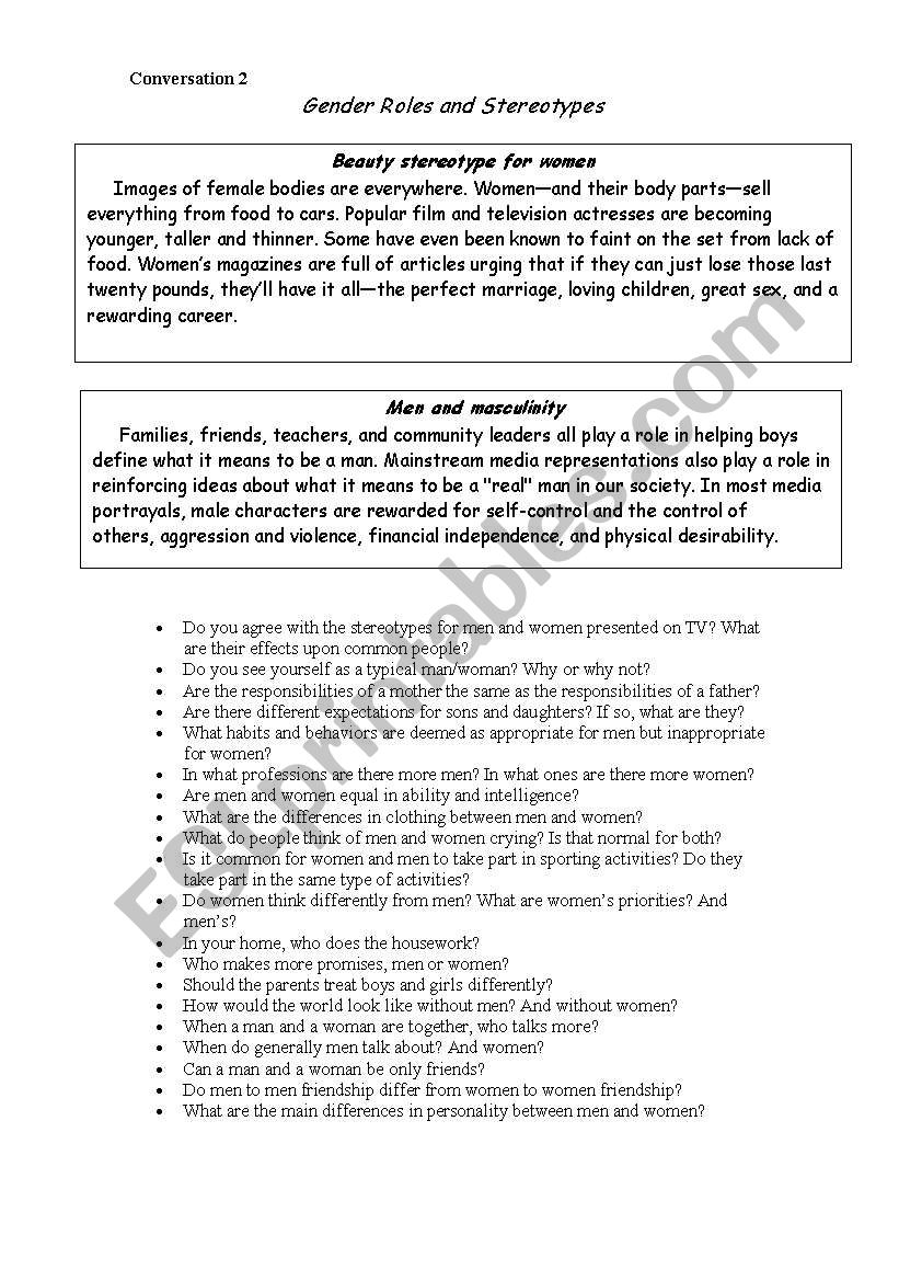 Gender roles and stereotypes worksheet