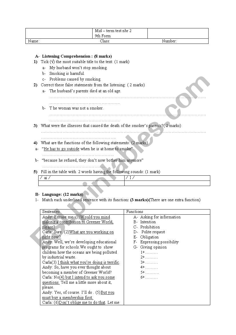 9th form test 2 worksheet
