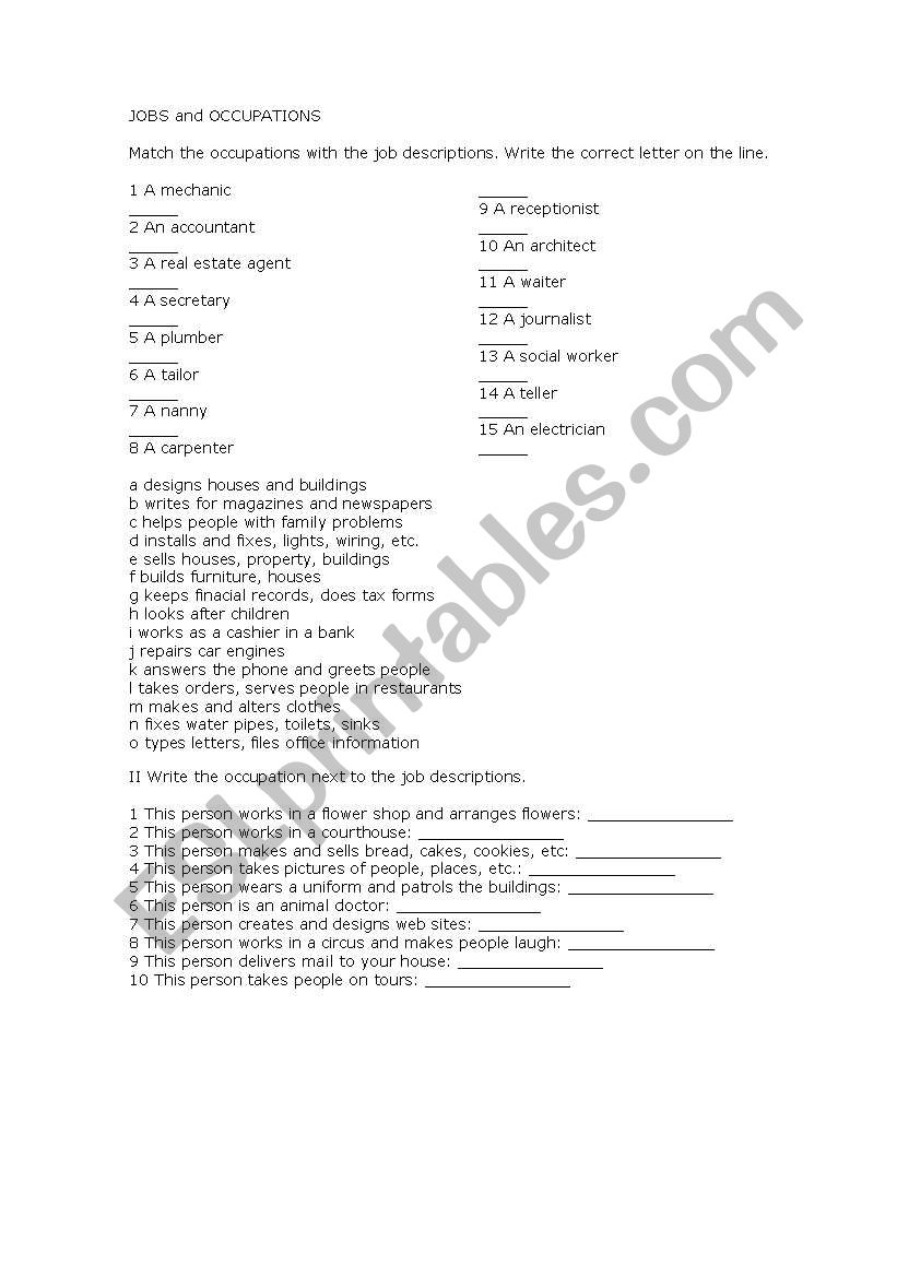 Matching  worksheet