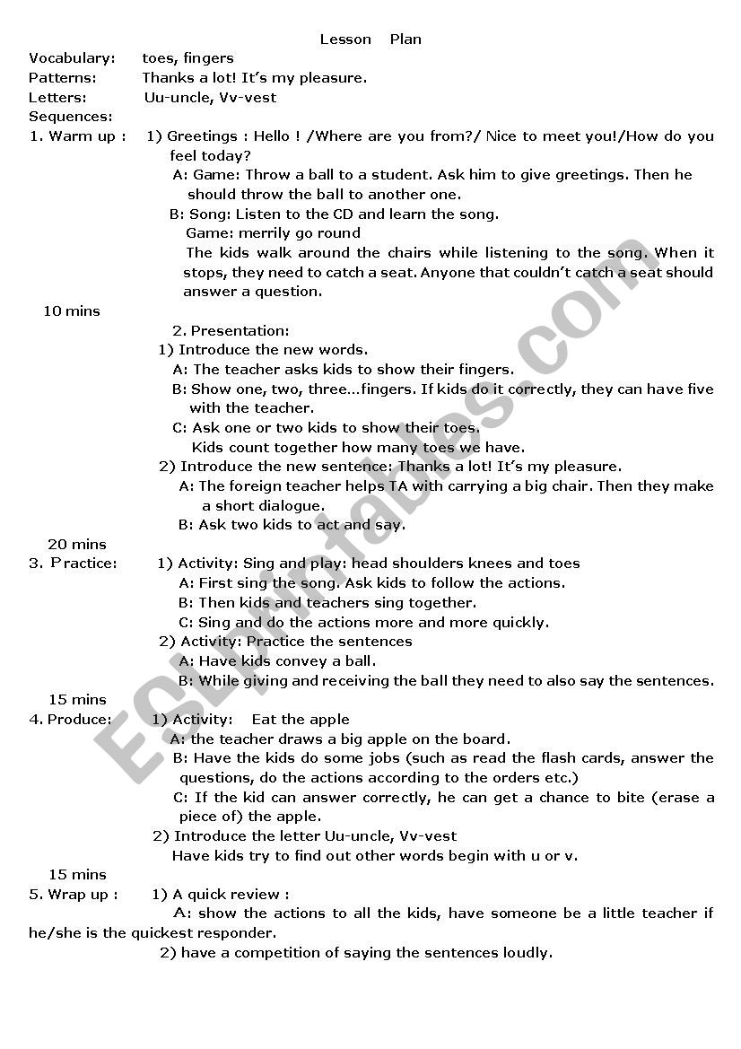 lesson plan of some body parts
