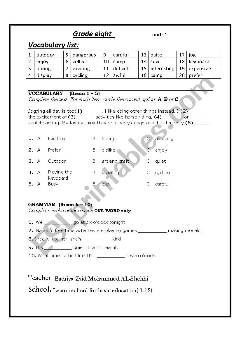 Grammar and Vocabulary worksheet