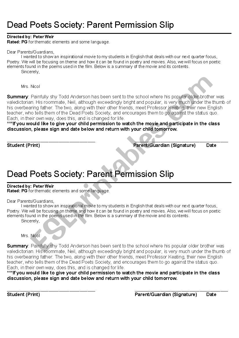 Dead Poets society Permission Slip