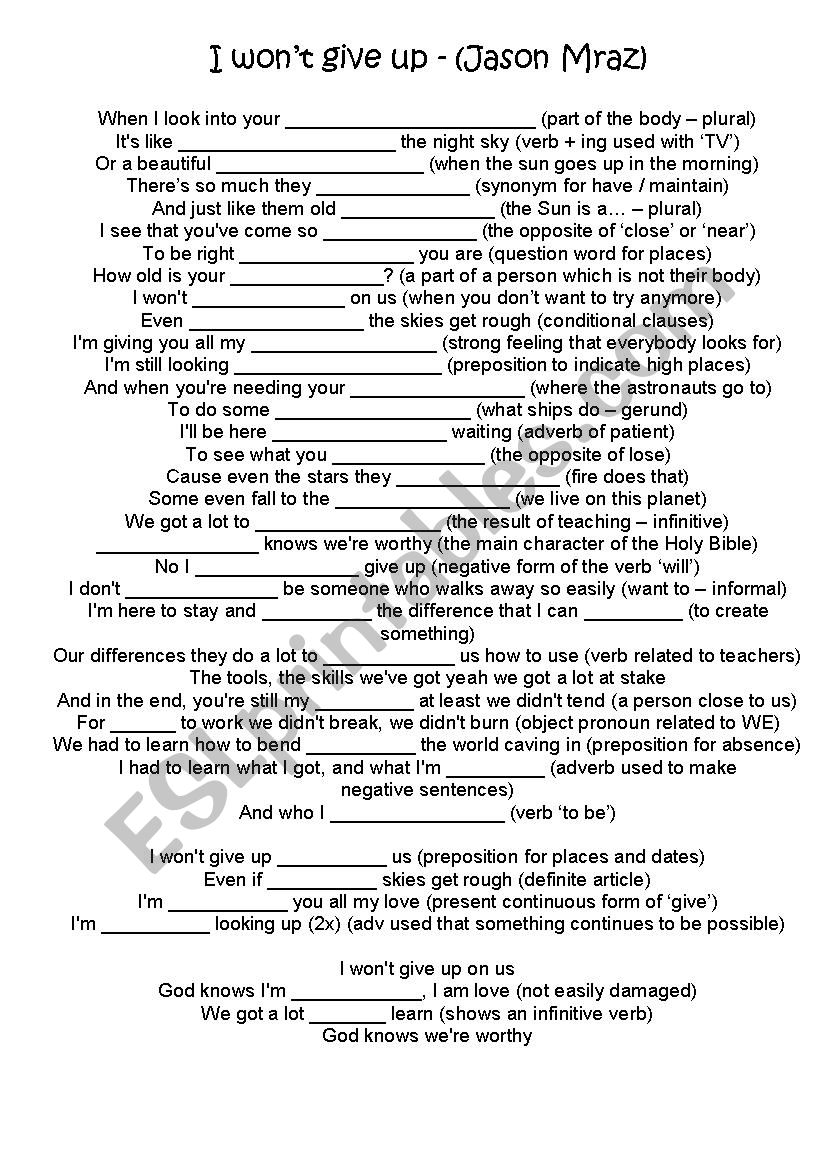 I won´t Give Up worksheet