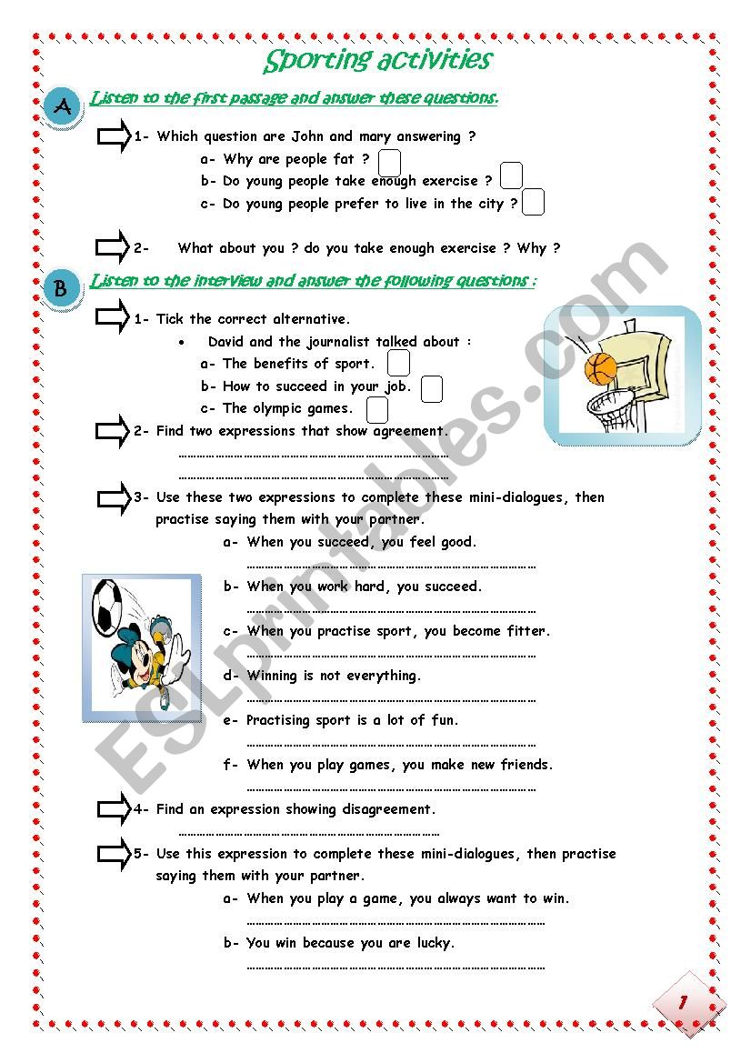 sporting activities worksheet