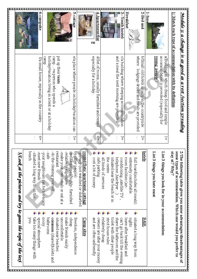 holidays and accommodation worksheet