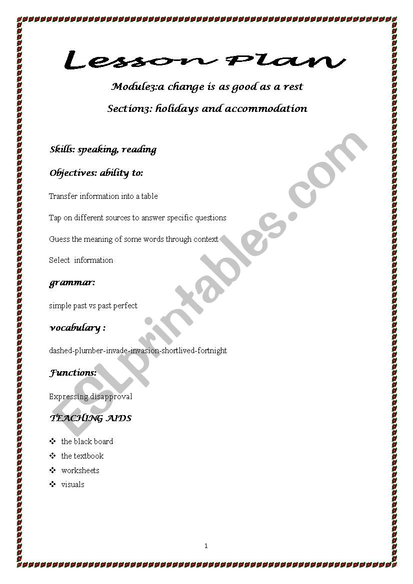  lesson plan:module 3: change is as good as a rest/section3:holidays and accommodation