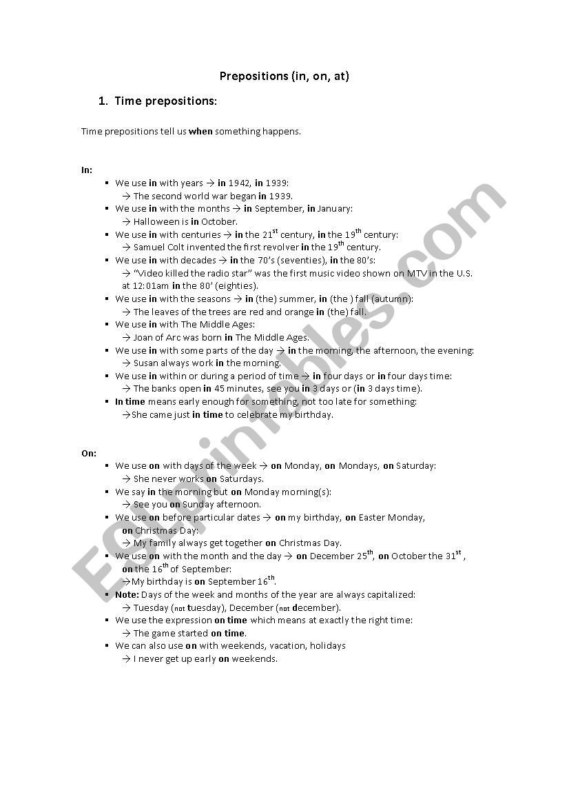 PREPOSITIONS IN, ON, AT. worksheet