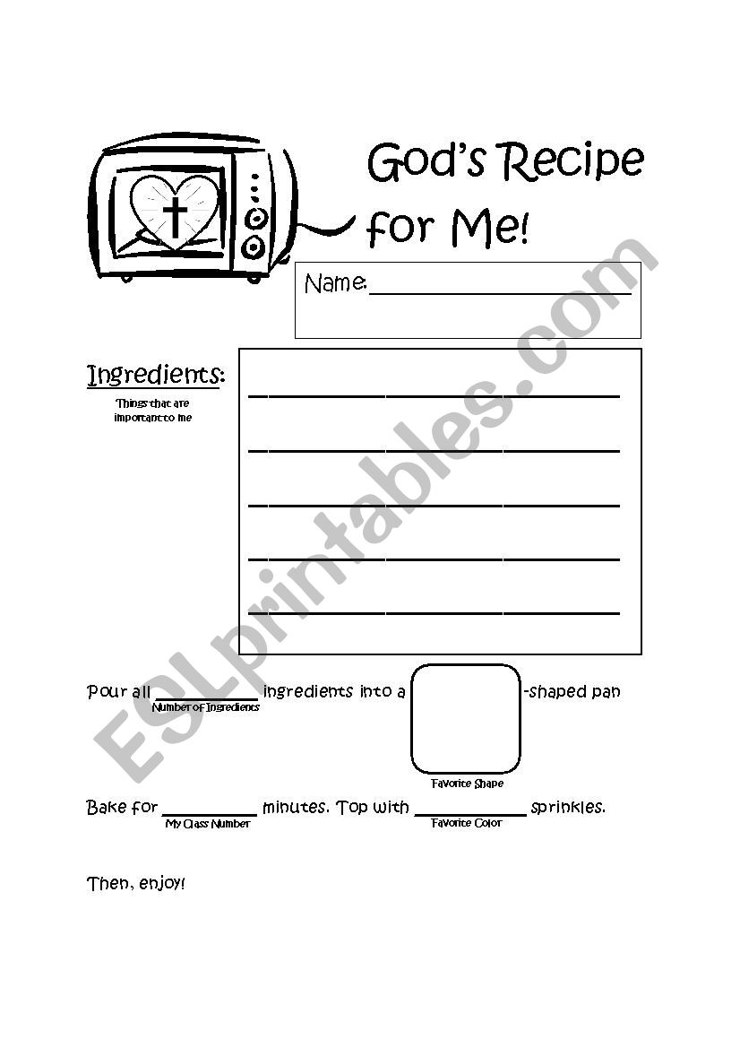 Gods Recipe for Me worksheet