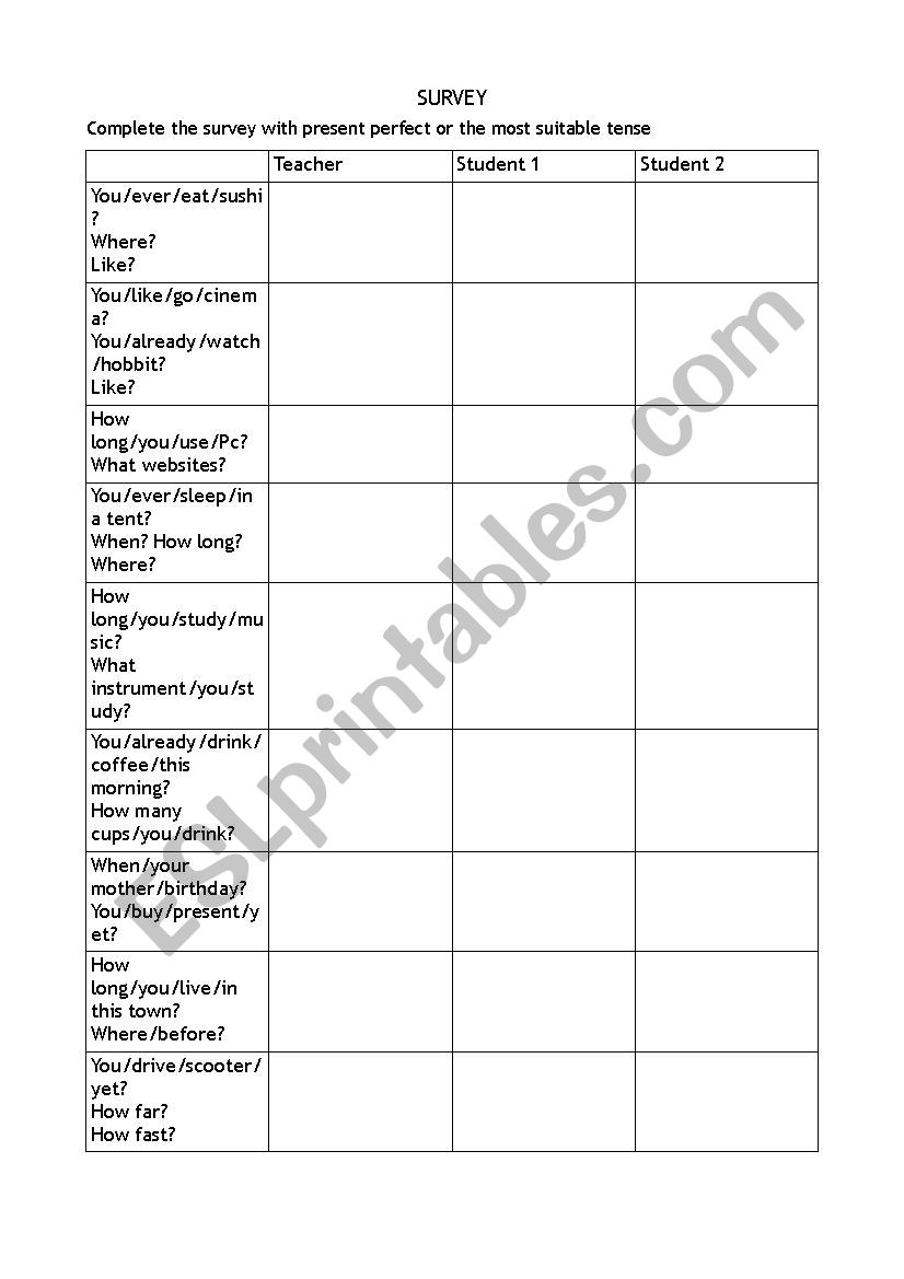 Present Perfect Survey worksheet