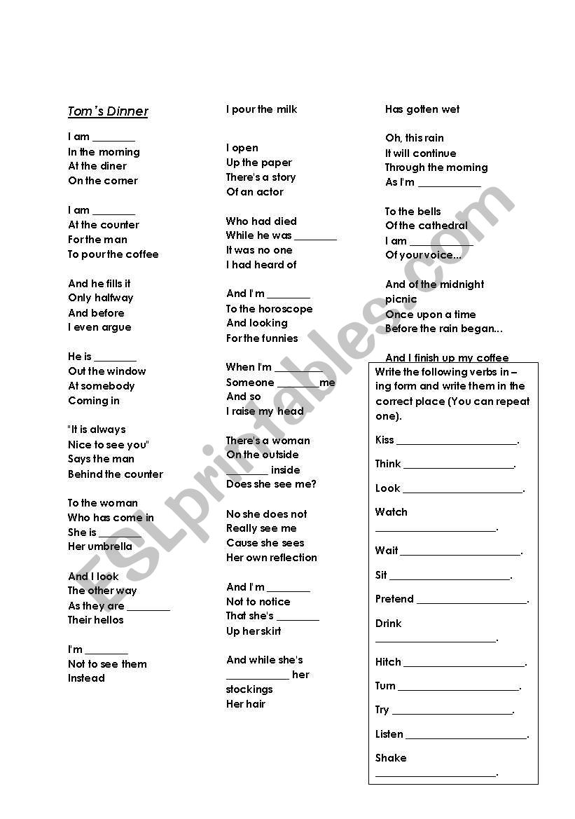 Toms Dinner Song worksheet