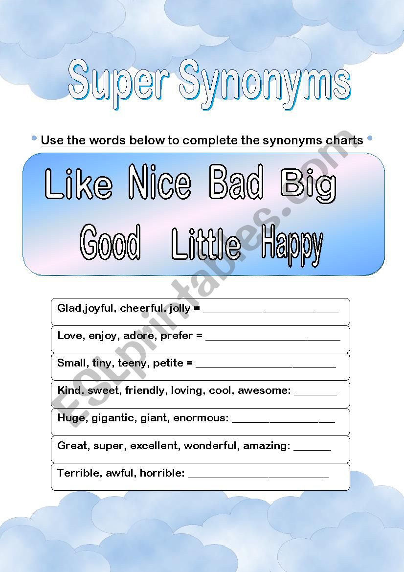 Super synonyms worksheet