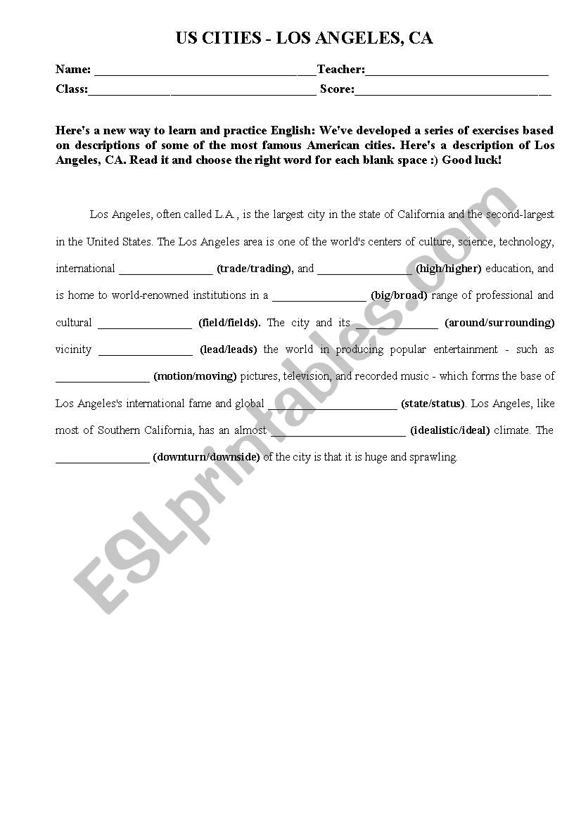 Los Angeles worksheet