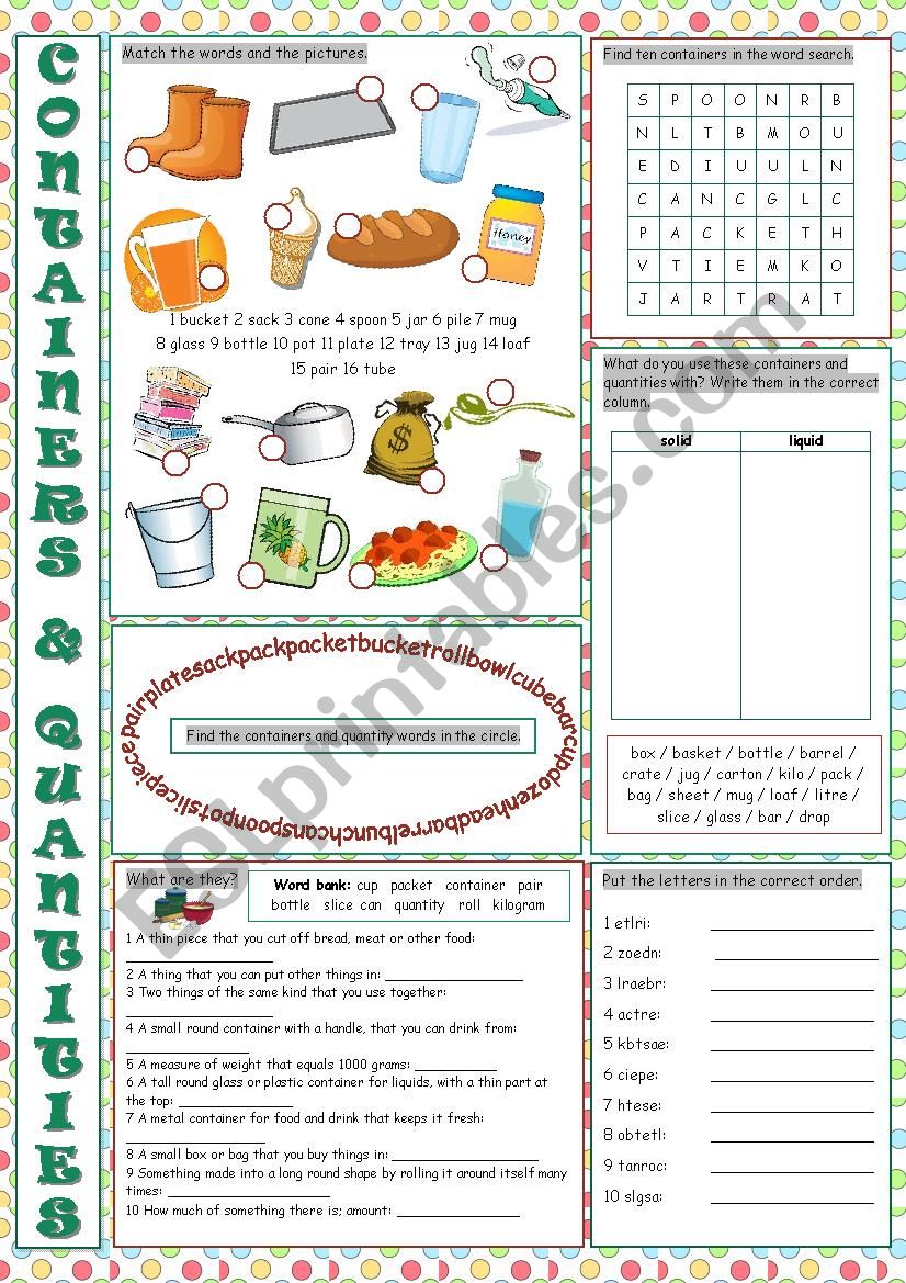 Containers and Quantities Vocabulary Exercises