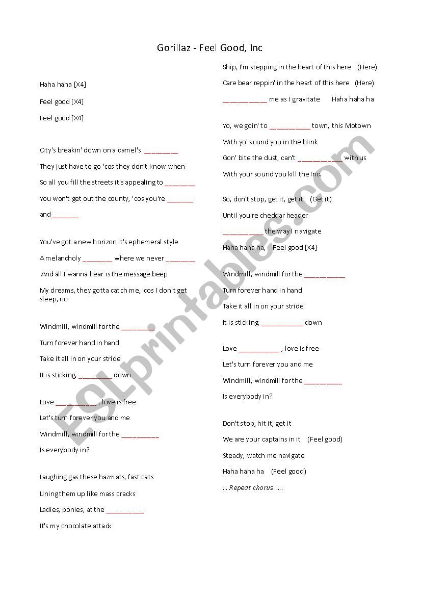 Gorillaz Feel Good Inc  worksheet