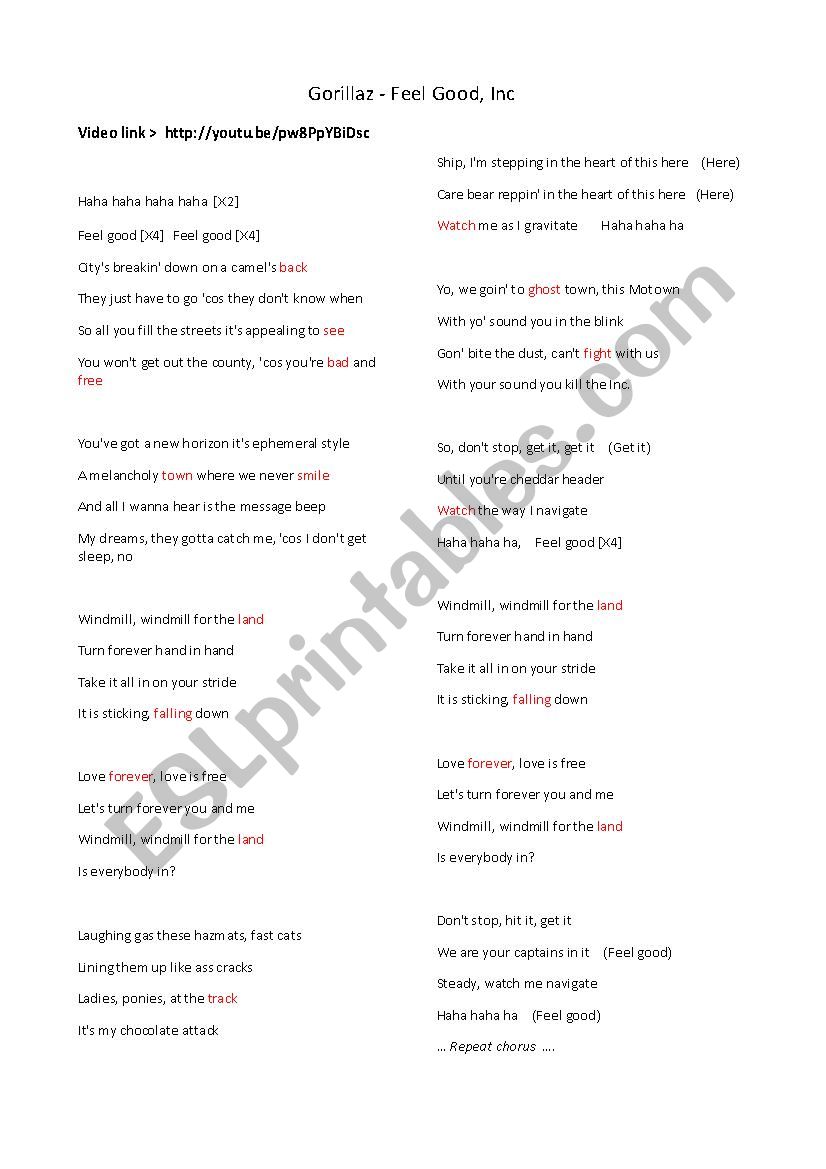 Gorillaz Feel Good Inc Esl Worksheet By Rdw3