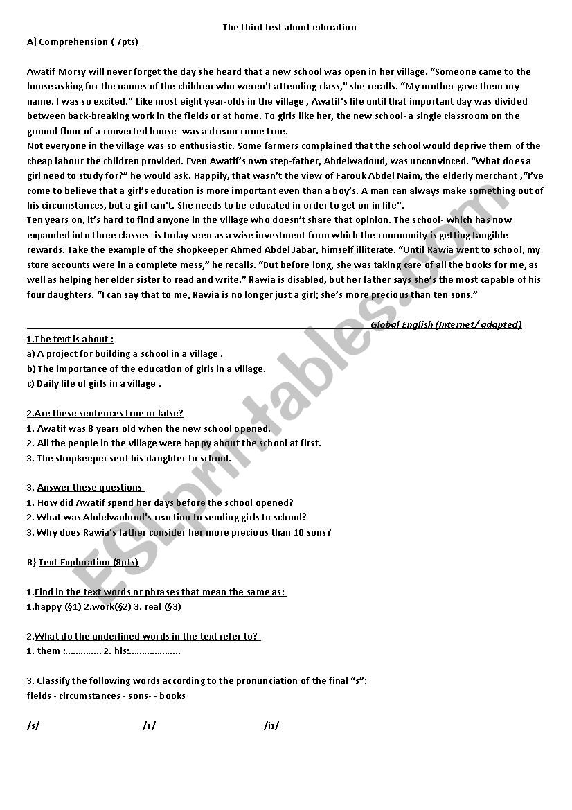test about educatio, worksheet