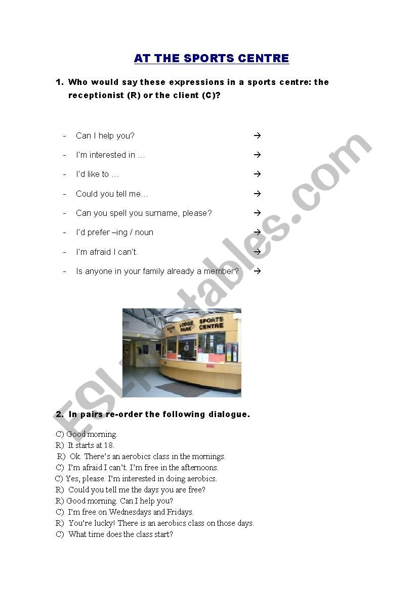 AT THE SPORTS CENTRE worksheet