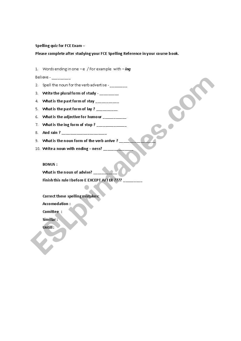 FCE Spelling Quiz  worksheet