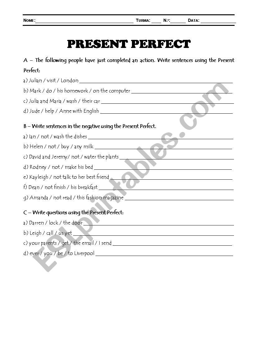 Present Perfect worksheet