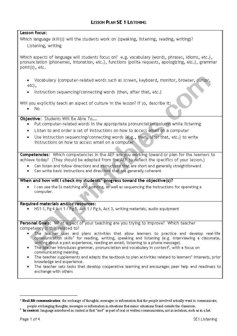 SE1 listening lesson plan worksheet