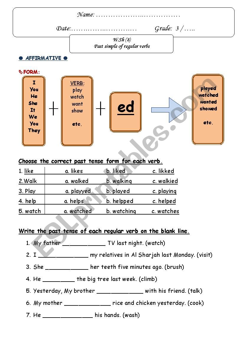 past simple of regular vervs worksheet