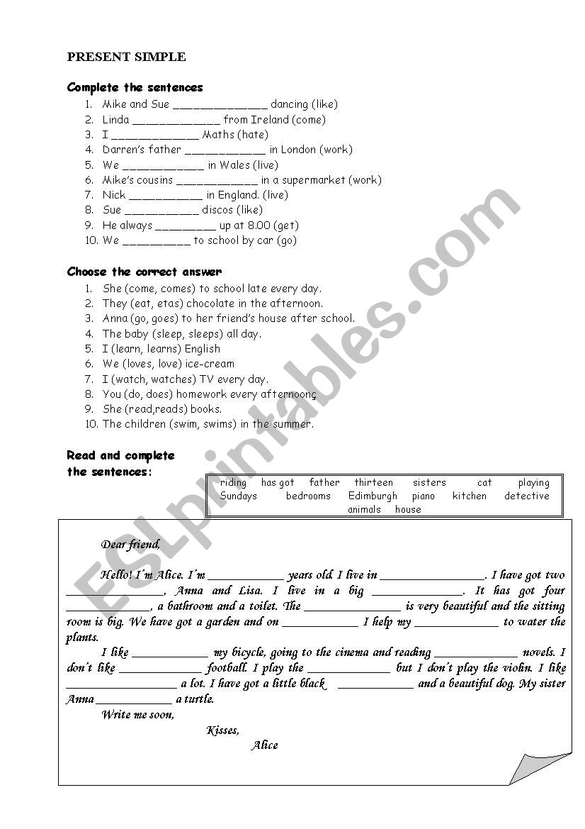 Present simple worksheet